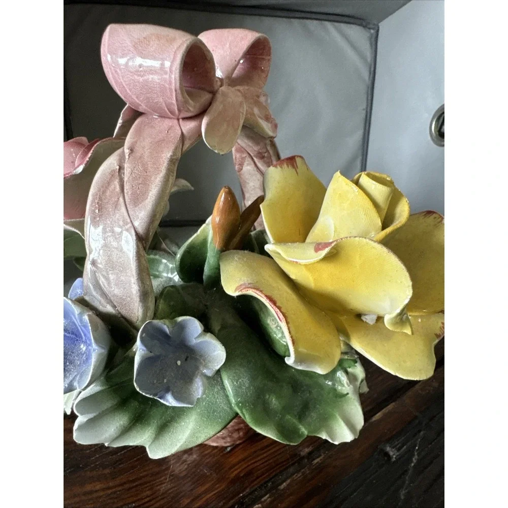 Vintage 1980s Capodimonte Italian‎ Porcelain Flower Basket Pink Yellow